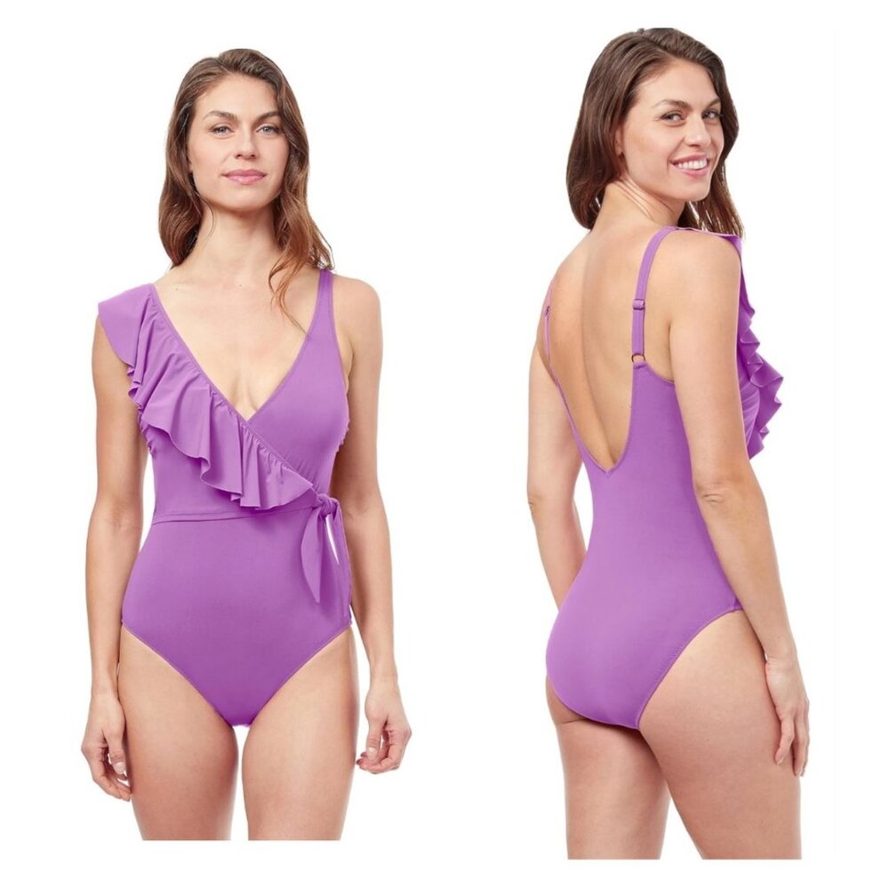 Gottex Warm Purple‎ Tutti Frutti V-Neck Ruffle One Piece Swimsuit 16 NWT